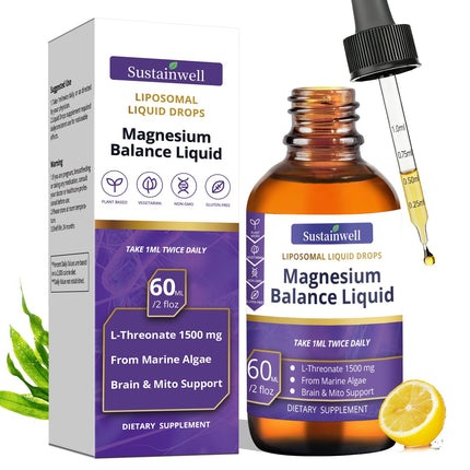 Magnesium L-Threonate Liquid Drops 1500mg High Absorption Brain Supplement for Memory Focus Sleep Sugar Free Vegan 2.04 Fl Oz, GMP Certified for Kids and Adults
