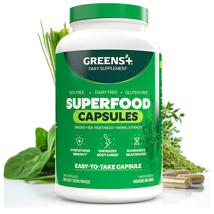 Greens+ Organic Superfood Capsules, Organic Spirulina and Chlorella, with Alfalfa & Wheat Grass, Vitamins & Minerals Supplements, Gluten-Free, Vegan, Non-GMO, 240 Count