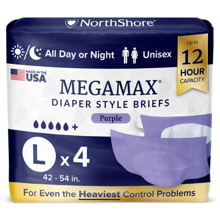 NorthShore MegaMax Made in USA 12-Hour HBL Adult Diapers for Heavy Bladder Leaks, Large, 4 Count, Purple, 42-54 inches, Tab-Style Incontinence Underwear for Men, Women & Teens