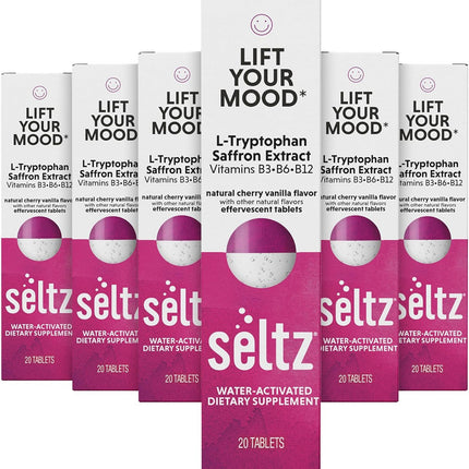 Seltz Mood Support Drink Tablets, Effervescent Tablets to Lift Your Mood, Saffron Supplement, with L-Tryptophan B3, B6, B12, Mood and Energy Support, Cherry Vanilla Flavor, 120 Tabs 6 Pack