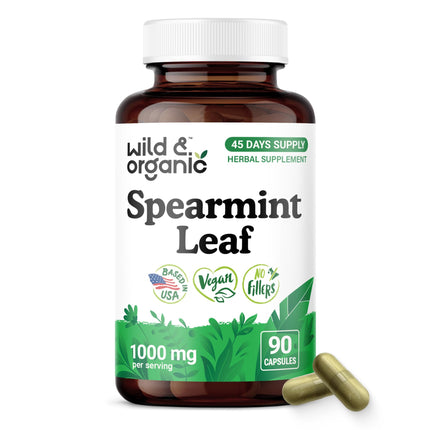 Wild & Organic Spearmint Capsules - Digestive & Women's Support - 1000 mg Spearmint Supplement - 45 Days of Supply - 90 Leaves Extract Capsules - Vegan, Non-GMO, Gluten-Free, No Fillers
