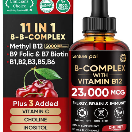 Venture Pal Vitamin B Complex Liquid Drops, B12 Methylcobalamin | B9 Folic | B1,B2,B3,B5,B6,B14 - Vitamin C, Choline, Inositol, Immune & Energy Metabolism, Brain & Heart Support