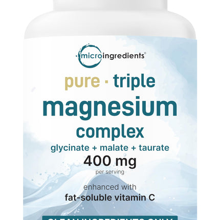 Micro Ingredients Pure Magnesium Complex, 300 Capsules | Triple Magnesium Glycinate, Malate, Taurate with Vitamin C | 100% Chelated | Supports Muscles, Nerves, & Energy | Only Active Ingredients