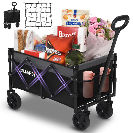 DUHKOI Collapsible Wagon Cart with Wheels Foldable,11 Lbs Lightweight Portable Folding Utility Wagon,90 L Heavy Duty Grocery Shopping Carts,Versatile for Garden Sports Camping Outdoor Use (Black Gray)