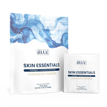 Renue Blue Skin Essentials Chocolate Drink Mix | Collagen Peptides Creatine & Protein Powder | Collagen (12g) Creatine (5g) Protein (15g) per Serving | Skin Hydration & Elasticity Support | 15 Sachets