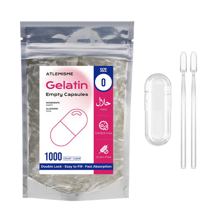 ATLEMISME Empty Gelatin Capsules Size 0 - Clear Empty Capsules 1000 Count - Kosher and Halal Pure Gelatin Pill Capsule - DIY Powder Filling - Fillable Gel Caps for Do-It-Yourself Supplements