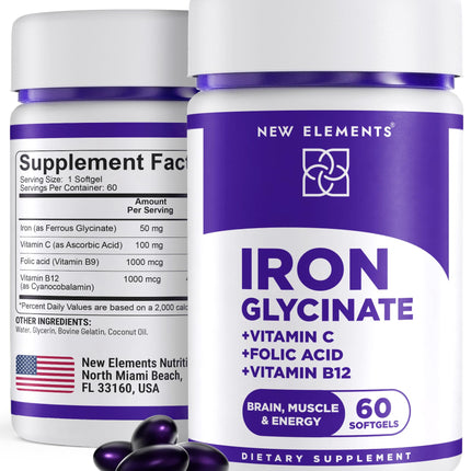 Iron Supplement for Women & Men | Iron Glycinate 50mg + Vitamin C, Folic Acid 1000mcg, Vitamin B12 | Anemia Relief, Energy Boost & Immune Support | Gentle on Stomach, Fast Absorption | 60 Softgels
