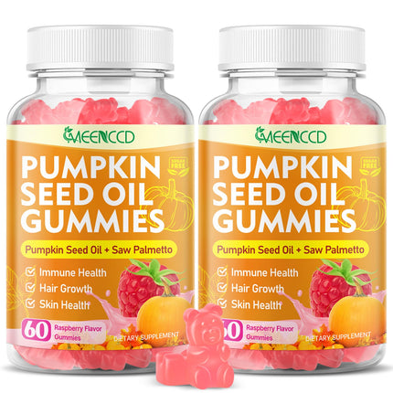 MEENCCD 2 Pack Pumpkin Seed Oil Gummies with Saw Palmetto, Pumpkin Seed Oil for Hair and Skin Health, Pumpkin Seed Extract for Women Men, Sugar-Free, Raspberry Flavor, 120 Count