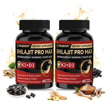 HIILEATHY 2 Pack Shilajit for Men Women, Shilajit w/Vitamin D3 K2, Shilajits for Men w/Fulvic Acid Ashwagandha, Shilajits for Extra Power Stamina Immune Support, Non-GMO Made in US 60 Capsules