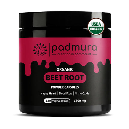 PADMURA Organic Beet Root Powder Capsules 1800mg - Healthy Blood Pressure & Happy Heart | USDA Organic Certified | Non GMO | Gluten Free | Vegan - 120 Veg Capsules