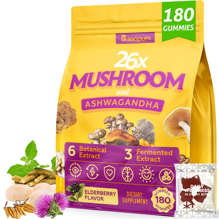 Basopum Mushroom Gummies 4000mg, Brain Supplements for Memory and Focus, 26x Mushroom Supplement with Ashwagandha & Lion's Mane, Milk Thistle, Green Tea - Focus, Clarity, Immunity, Liver | 180 Count