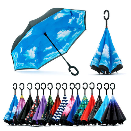 Spar. Saa Double Layer Inverted Umbrella with C-Shaped Handle, Anti-UV Waterproof Windproof Straight Umbrella for Car Rain Outdoor Use