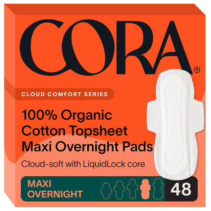 Cora 100% Organic Cotton Topsheet Pads Maxi Overnight Pads (48 Count)