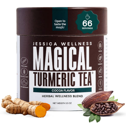 JESSICA WELLNESS Magical Cocoa Turmeric Ginger Tea, Black Pepper and Stevia | Ginger Turmeric Cocoa Tea Organic Blend | 3.5 oz