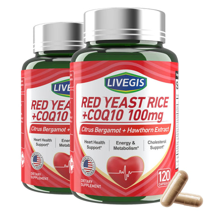 LIVEGIS Red Yeast Rice 2000mg with CoQ10 100mg - Citrinin Free Heart Health Supplement with Citrus Bergamot & Hawthorn - Supports Healthy Cholesterol Levels - Vegan Capsules 120 Counts * 2 Bottles