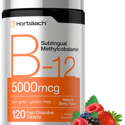 Horbäach B12 Vitamin 5000 mcg | 120 Fast Dissolve Tablets | Sublingual Methylcobalamin | Natural Berry Flavor | Vegan, Non-GMO & Gluten Free Supplement