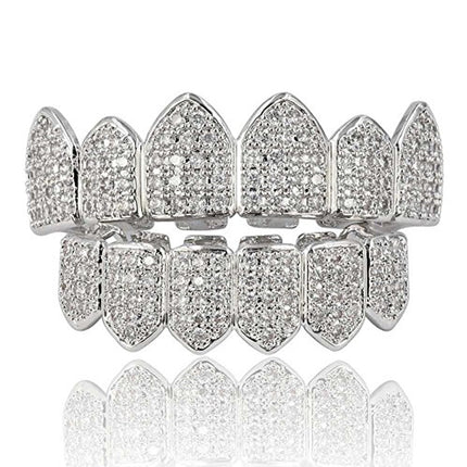 JINAO Grillz Diamond Grills for Your Teeth for Men Women 18K Gold Plated Iced Out Macro Pave Cubic Zirconia Mouth Grill with Extra Molding Bars Included(Silver Set)