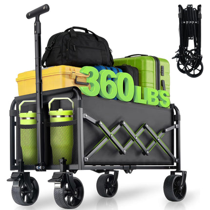 Collapsible Foldable Wagon Cart with Wheels - 360LBS Folding Utility Wagon Cart with Brakes, Lightweight Portable All-Terrain Wagons for Groceries Garden Beach Shopping Camping, 2 Cup Holders/Black