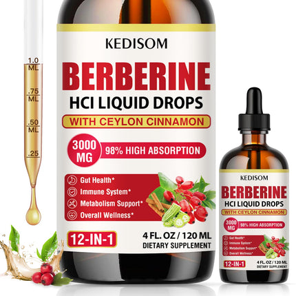KEDISOM Liposomal Berberine HCL Supplement Liquid 3000mg - High Absorption Berberine Drops with Ceylon Cinnamon, Sugar Free - 4 fl oz, 60 Servings