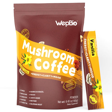 WepBio Mushroom Coffee, 11 in 1 Mushrooms Vanilla Latte Instant Coffee with Ashwagandha KSM-66, Lion’s Mane, Reishi and Turkey Tail for Calm Focus Energy Without Jitters, 0g Sugar, 30 Packets