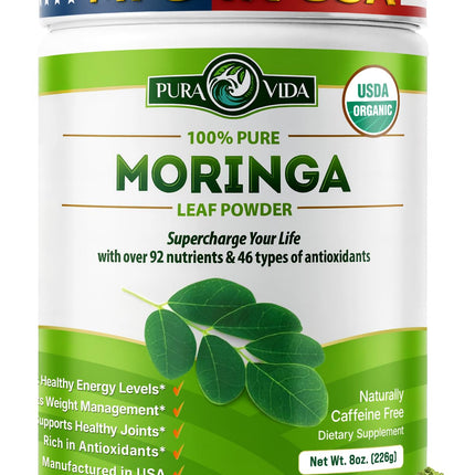 PURA VIDA MORINGA Organic Moringa Powder, Premium 100% Leaf Powder Single Origin - USDA Organic Moringa Oleifera Leaf, Perfect for Smoothies & Recipes, 8 oz