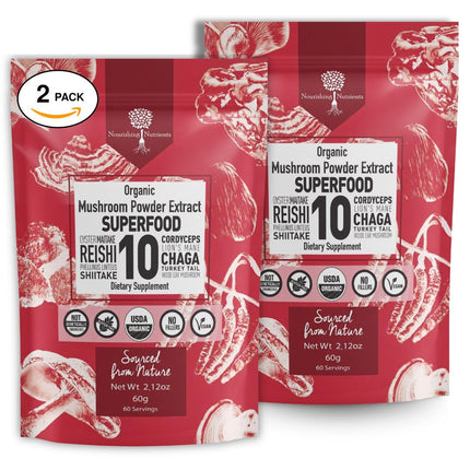 USDA Organic 10 Mushroom Supplement Powder, Focus and Immune Support | 100% Fruiting Body, Lions Mane, Cordyceps, Reishi, Chaga, Turkey Tail, NO Grain Fillers 60 servings x 2 pack
