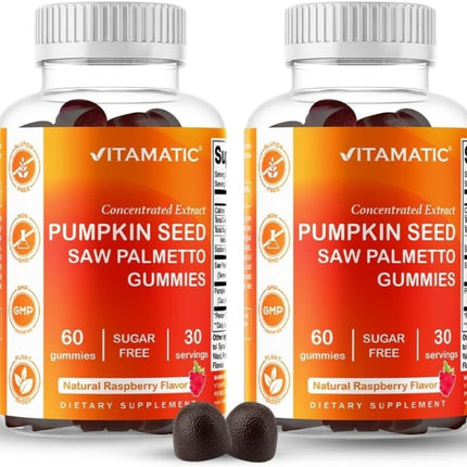 Vitamatic Pumpkin Seed 20:1 Extract & Saw Palmetto 10:1 Extract Gummies – Sugar-Free Botanical Extract – Natural Raspberry Flavor – Vegan, Non-GMO, Plant-Based Gummies – 60 Count - 2 Pack (120 Count)
