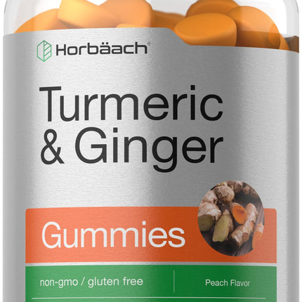 Horbäach Turmeric and Ginger Gummies | 120 Count | Peach Flavor | Vegan Non-GMO & Gluten Free Supplement