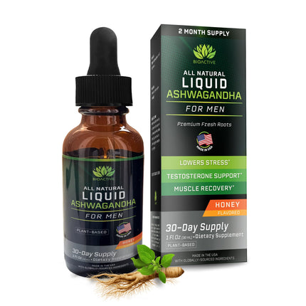 BIOACTIVE Liquid Ashwagandha Drops - Testosterone Health Supplement* - Adaptogen for Stress Support, Men’s Wellness - Organic, Vegetarian, Gluten Free, Non-GMO, 59 Servings (1 Oz, Honey)