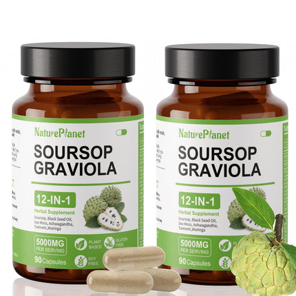 NaturePlanet Soursop Graviola Capsules with Black Seed Oil, Sea Moss, Ashwagandha, Turmeric & Moringa丨12 in 1 Herbal Formula丨Immune Support & Gut health丨Gluten-Free, Non GMO, Vegan (180 Capsules)