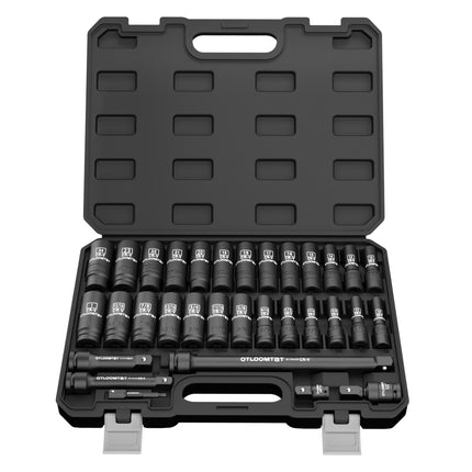 OTLOOMTBT 32PCS 1/2" Drive Impact Socket Set - Heavy Duty Industrial-Grade Deep Sockets, Metric/SAE Full Set with Extension Bar, Cr-V Steel Corrosion-Resistant Coating & Premium Storage Case