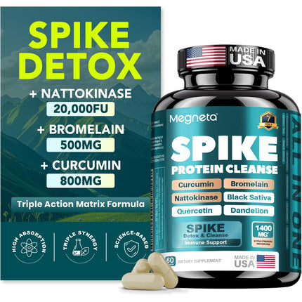 MEGNETA Spike Support - Nattokinase 20,000 FU/g, Bromelain 500mg & Curcumin 800mg – Triple-Action Enzyme Complex with Quercetin & Dandelion – Cardiovascular, Circulatory, Antioxidant & Immune Support