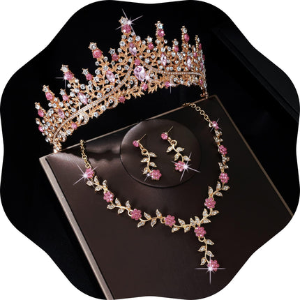 Kamirola Tiaras and Crowns for Women,Tiaras Earrings Necklace, Crystal Bridal Jewelry Set (Gold Pink)