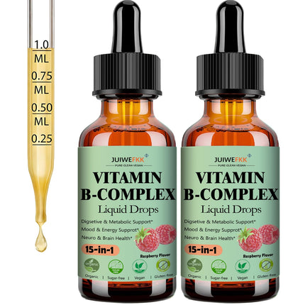 2 Pack Vitamin B Complex Liquid Drops for Women Men & Kids, 15-in-1 VIT B Complex with Vitamin C B12 B6 B1 Niacin Folate Magnesium for Brain Nerve Neuropathy Energy Mood, Sublingual B-Complex Drops
