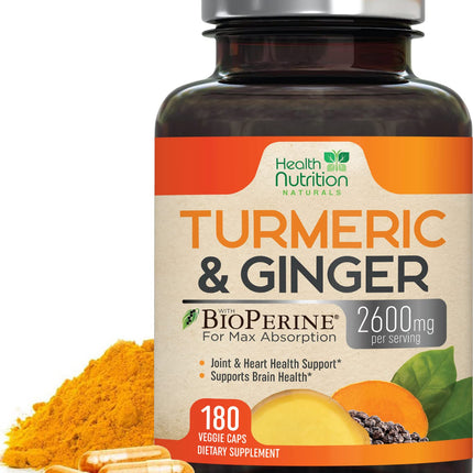 Turmeric Curcumin Supplement - 2200mg Curcumin Complex & 400mg Organic Ginger per Serving - 95% Curcuminoids & BioPerine Black Pepper for Best Absorption & Joint Support, Bottled in USA - 180 Capsules