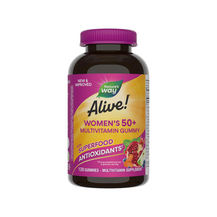 Nature’s Way Alive! Women’s 50 Plus Multivitamin Gummy, Daily Chewable Multivitamins with B-Vitamins, Vitamin D3, Calcium, Supports Heart, Brain & Bone Health,* Mixed Berry Flavored, 130 Count
