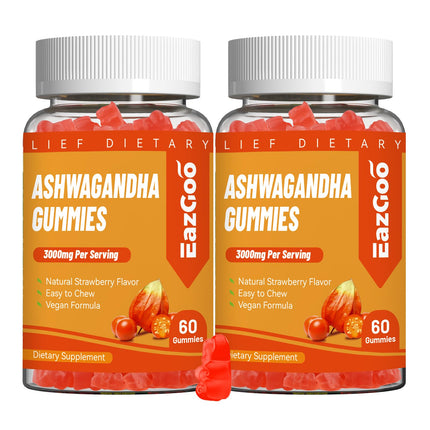 EAZGOO 2 Pack Ashwagandha Gummies & Vitamin D3, 3000mg Extra Strength Ashwagandha Root Extract for Boosts Energy, Immune Support, Non-GMO, Strawberry Flavor, 120 Count