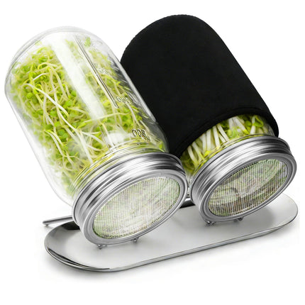 Palksky Sprouting Kit with Stainless Steel Screen Sprouting Lids & Glass Mason Jars & Light-Blocking Sleeves, 2Pack Premium Reusable Sprouts Growing Kit for Organic Broccoli Alfalfa Seeds Bean Sprouts