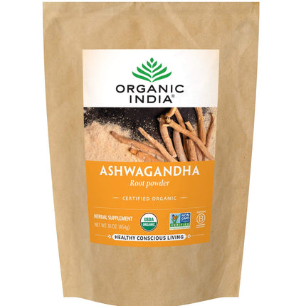 ORGANIC INDIA Ashwagandha Powder Organic - Ashwagandha Root Powder Bulk, Herbal Supplement - Vegan, Gluten-Free, Kosher, Non-GMO, Supports Stress Relief, Energy, and Sleep - 1lb Bag
