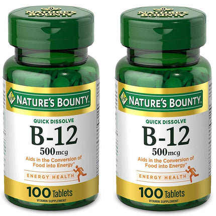 Nature's Bounty Vitamin B12, Supports Energy Metabolism and Nervous System Health, 500mcg, Tablets, 100 Ct (Pack of 2)