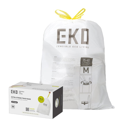 EKO 10.6 Gallon / 35–40 Liter Drawstring Trash Bags, 60 Count Heavy-Duty Tall Kitchen Garbage Can Liners, Extra-Strong Leak-Resistant, Unscented, White, Code M