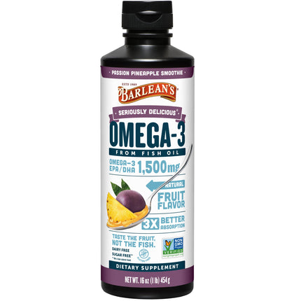 Barlean's Omega 3 Fish Oil Liquid Supplement for Men and Women, 1500mg of EPA and DHA Fatty Acid, Promotes Brain & Heart Health - Non-GMO, Passion Pineapple Smoothie, 16 oz