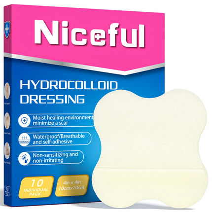 Niceful Hydrocolloid Bandages 4"x4" for Knee, Elbow, 10 Count