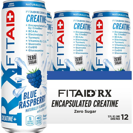 Lifeaid Fitaid Rx + Creatine Drink, Blue Raspberry, Zero Sugar, Vegan, Kosher, Keto Friendly, Gluten Free, 12 Fluid Ounce (Pack of 12) - Packaging May Vary