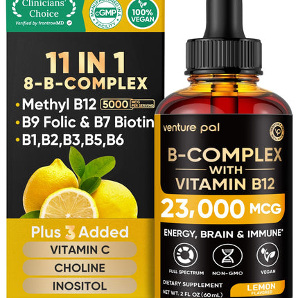 Venture Pal Vitamin B Complex Liquid Drops, B12 Methylcobalamin | B9 Folic | B1,B2,B3,B5,B6,B15 - Vitamin C, Choline, Inositol, Immune & Energy Metabolism, Brain & Heart Support