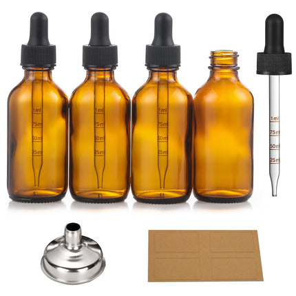 4 Pack 1 oz Glass Dropper Bottles with Measured Dropper - 30ml Dark Amber Tincture Bottles with Graduated Calibrated Glass Eye Droppers (1ml) for Essential Oils, Liquids - Leakproof Travel Bottles