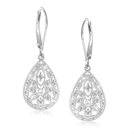 Silver Teardrop Filigree Dangle Earrings Drop Earrings for Women Trendy