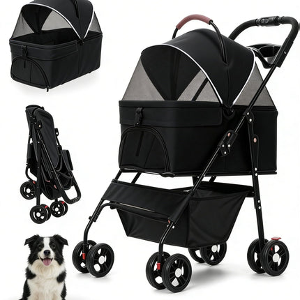 Pet Stroller with Removable Carrier, 35lbs Capacity - One-Click Foldable Dog Stroller, Cat Carrier & All-Terrain Wheels, Compact Travel Pet Stroller for Small to Medium Pets-Black