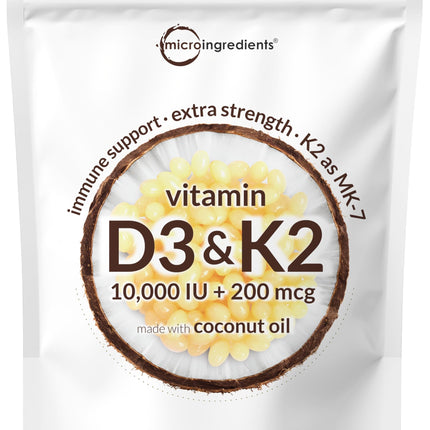 Micro Ingredients Vitamin D3 10,000 IU + K2 MK-7 200 mcg, 180 Softgels with Virgin Coconut Oil | 2-in-1 Vitamins D & K Complex | Extra Strength, Easy to Swallow, Non-GMO, Gluten Free