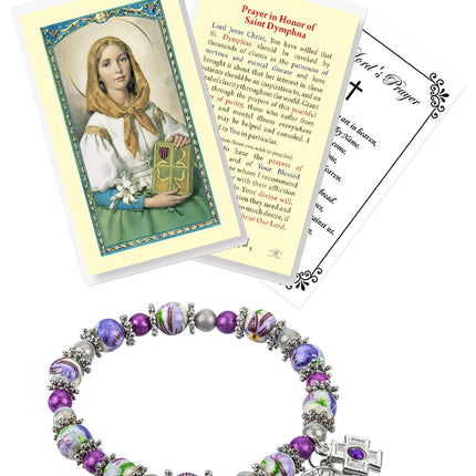 St Dymphna Bracelet - Saint Dymphna Prayer Card, The Lord's Prayer Card - Stretchable Round Saint Dymphna Bracelet with Purple and Amethyst Beads - St.Dymphna Bracelet and Cards Set of 3 Items